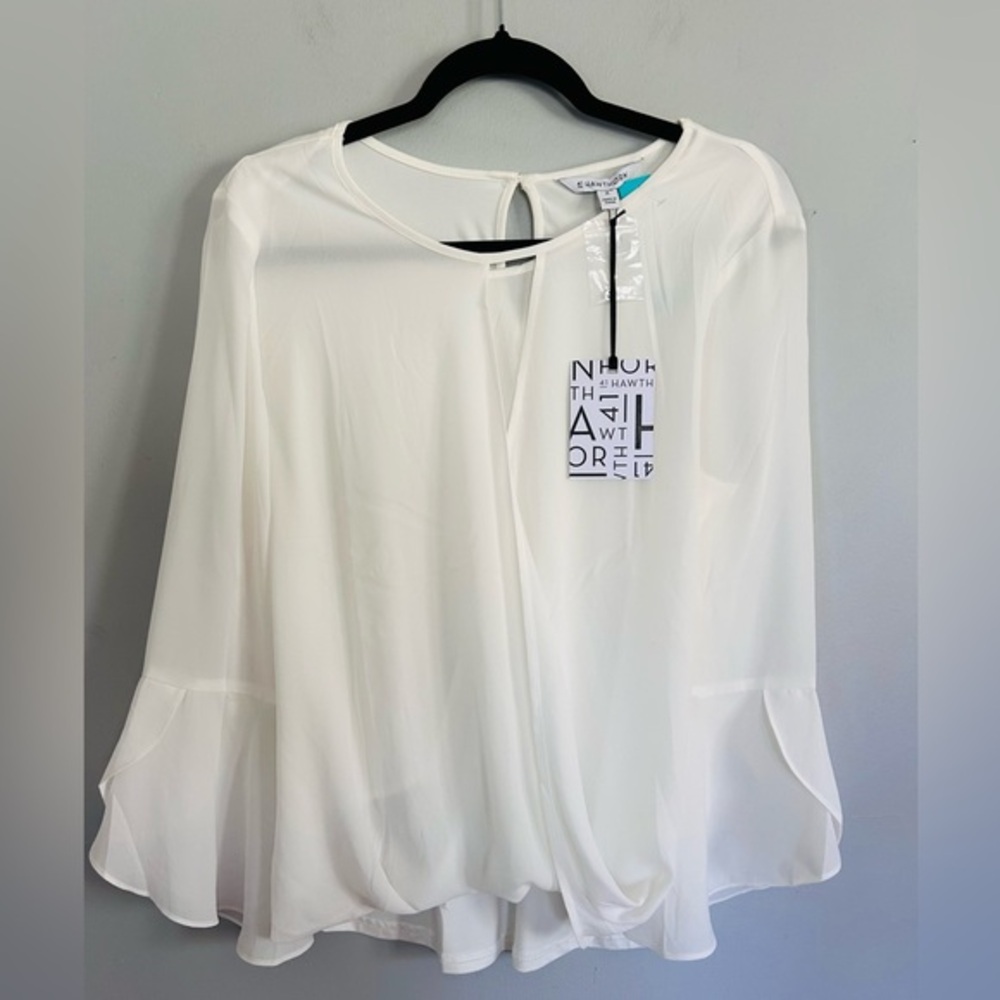 41 Hawthorn Ivory Keyhole Blouse M Bell Sleeve Sheer Office Career Minimalist